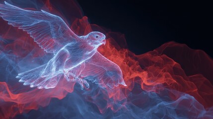 Obraz premium Glowing falcon flying through smoke red and blue