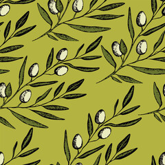 Seamless pattern with olive branch. Ink hand drawn olives background. Botanic plant vector illustration for print, fabric, textile. A sprig of an olive tree with leaves. Food concept.