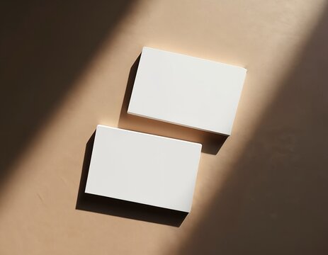 Two blank white cards lie on a textured brown surface. Sunlight casts a diagonal shadow across the scene, creating a minimalist and elegant presentation. Perfect for branding mockups.