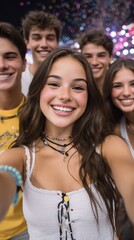 Joyful Group Selfie Smiling Friends Capture Happy Moment with Bokeh Background.