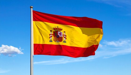 Fototapeta premium Generated imageA vivid image of the Spanish national flag waving against a bright blue sky with scattered white clouds. The flag features three horizontal stripes: red on the top and bottom, and a wid