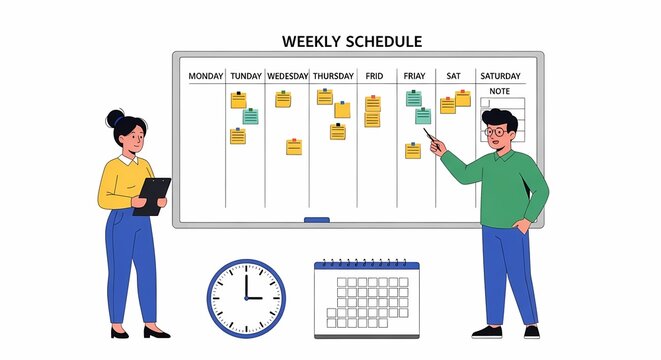 A colorful illustration of a weekly schedule board featuring two professionals discussing tasks and deadlines, enhanced by a wall calendar and a clock to emphasize time management.