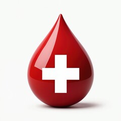 Fototapeta premium Glossy red droplet with white cross represents health, medical care. This symbol signifies blood donation, first aid, Swiss identity. It is vital graphic for hospitals, clinics, emergency services.