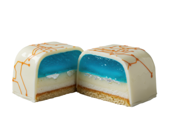 Sliced 'Cyber-Bar' dessert, matte white glaze, glowing orange circuit threads, shimmering electric blue data core, silvery microchip wafers, and rising vapor on transparent. Futuristic culinary art