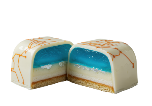 Sliced 'Cyber-Bar' dessert, matte white glaze, glowing orange circuit threads, shimmering electric blue data core, silvery microchip wafers, and rising vapor on transparent. Futuristic culinary art