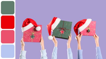 Hands with Christmas gifts and Santa hats on lilac background. Different color patterns