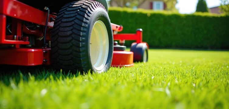 Red zero turn mower cuts lush green grass on a sunny day. Outdoor lawn maintenance with powerful landscaping machine. Perfect for garden care content.