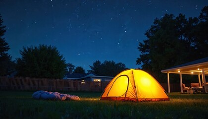 Illuminated tent sits on green lawn at night. Stars twinkle in sky. Backyard camping setup with mattress. Trees surround a wooden fence in background. Relaxing outdoor adventure in nature.