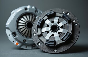 Obraz premium New automotive clutch kit components shown close up on grey backdrop. Car transmission spare parts ready for auto service maintenance. Mechanical engineering concept.