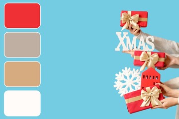 Hands holding gifts and Christmas decor on blue background. Different color patterns