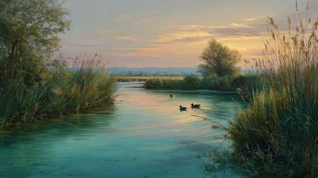 Tranquil marsh scene at dusk with calm water reflecting a colorful sky, reeds lining the banks, and ducks