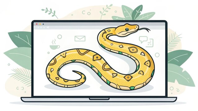 A digital screen displays animated Python coding symbols in a snake-like pattern