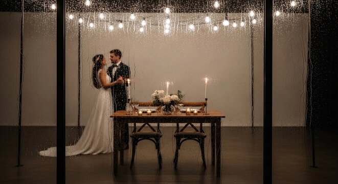 Romantic wedding couple embracing under soft lighting in elegant indoor setting with rain-soaked window