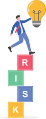 Businessman sitting on risk indicator block holding lamp illustration of risk calculation in applying business ideas
