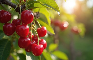 Obraz premium Bright red cherries ripen on a tree branch. Rich green leaves surround the fruits with sunlight in background. Fresh harvest of summer berries.