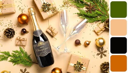 Composition with bottle of champagne, glasses, Christmas decorations and gifts on beige background....