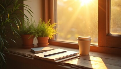 Bright morning sun beams through window. Warm light hits wood sill with plants, coffee cup, notebook, pen. Cozy space for work, study, writing, inspiration. Inviting home office relaxing calm