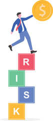 Businessman sitting on risk indicator block holding dollar sign illustration of risk calculation in managing business financial investment
