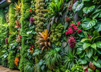 Obraz premium Vertical lush green wall with exotic tropical flowers and leaves in a modern indoor setting