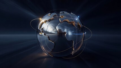 A shiny metallic globe with golden accents surrounded by orbital lines on a dark background design .