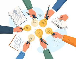 Flat lay of diverse hands holding lightbulbs, pens, and papers in a collaborative brainstorming session with a creative and innovative mood on a white background.