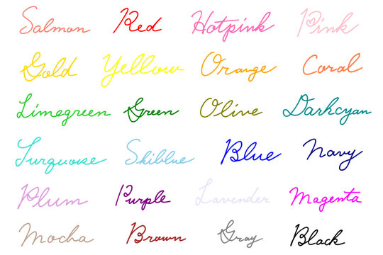 色の名称と色に対応したカラーで描かれた筆記体の文字