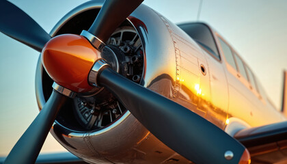 Shiny airplane with propeller, engine in close-up. Bright orange nose cone, metallic body reflect sunlight. Aviation sector with complex machinery, air transport engineering concept. Aircraft flight
