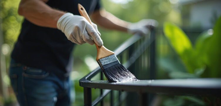 Fototapeta Man in gloves paints metal railing black with a brush. He renovates outdoor fence. Person does home improvement project, house exterior work. Doing maintenance DIY to protect property.