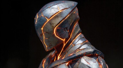 Metallic cyborg head with glowing cracks