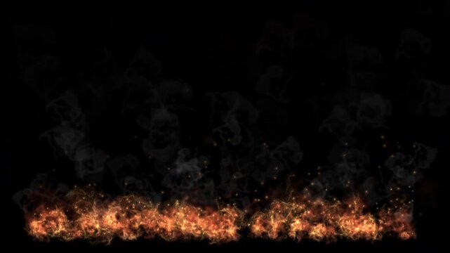 Realistic fire flames with glowing sparks and embers rising, black background, intense heat and burning effect animation
