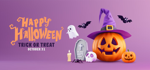 Happy Halloween Background with Pumpkins and Ghosts