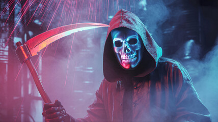 Grim reaper with futuristic glowing scythe standing in digital storm, neon smoke, cyber background
