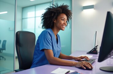 Smiling African American woman works on computer in modern medical clinic office. Types on keyboard, uses mouse, manages patient info, appointments. Happy professional helps clients efficiently,