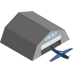 A Dark Gray Hangar With Three Windows On The Side And A Blue Airplane Parked Outside The Open Doorway On A Transparent Background