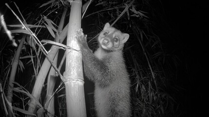 Monochromatic ringtail holds onto bamboo stalk, looking at the camera during the night