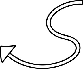 Black curved arrow illustration in black outline on white background, simple two-dimensional vector design