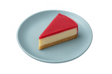 Strawberry cheesecake slice on blue plate, transparent background