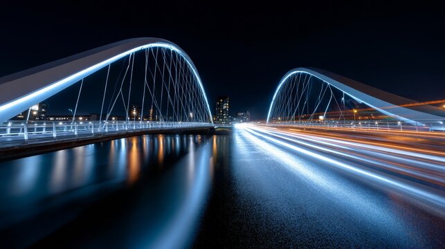 Night shot of a bridge with illuminated arches reflecting in water, blurred car trails accentuating motion and city lights - Powered by Adobe