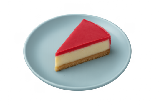 Strawberry cheesecake slice on blue plate, transparent background
