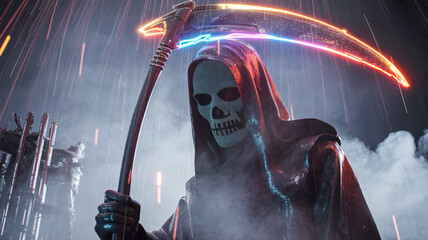 Grim reaper with futuristic glowing scythe standing in digital storm, neon smoke, cyber background
