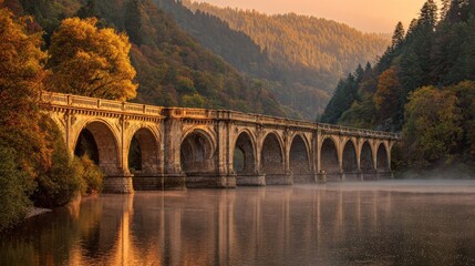 Fototapeta premium A stone arch bridge spans a calm lake at sunrise. Lush, colorful trees flank the waterway, reflecting. Mist drifts