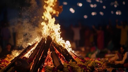 A vibrant festival scene with a lit bonfire at its center, surrounded by people and decorations