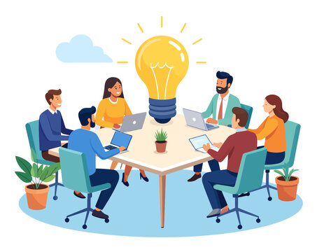 Flat illustration of a diverse team collaborating around a table with laptops and a large lightbulb idea above, set against a clean white background with a subtle cloud and plants.