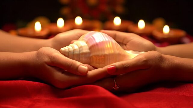 Close Up of Hands Holding a Large Conch Shell with Multiple Lit Oil Lamps in Soft Focus Background