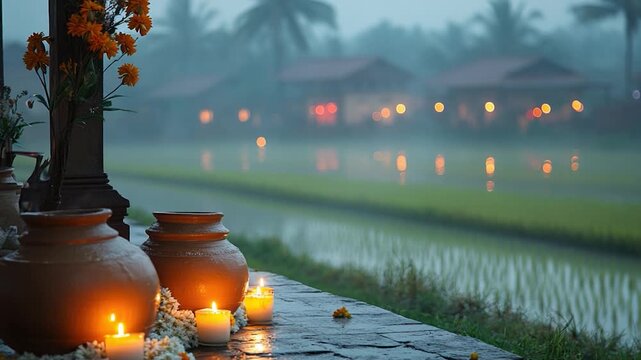 A row of vases sits atop a stone walkway, perfect for decorating outdoor spaces or indoor areas