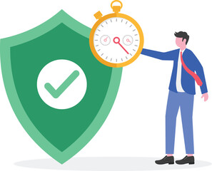 Businessman holding shield with checkmark next to stopwatch and gears illustration of business project completion according to timeline
