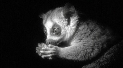 Nocturnal lemur with big eyes holds paws close in dark black and white wildlife photo