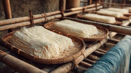Noodles drying on bamboo racks