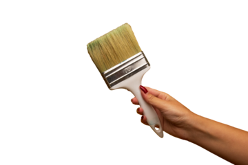 Young woman holding a big art paintbrush. Young woman holding a paintbrush. Art supplies. Paintbrush isolated transparent