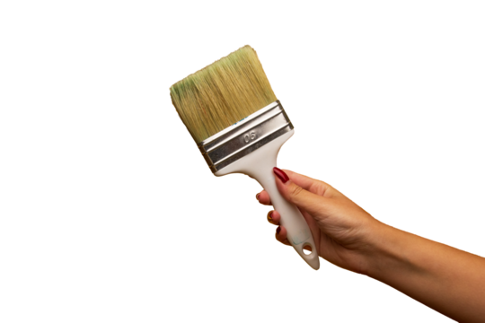 Young woman holding a big art paintbrush. Young woman holding a paintbrush. Art supplies. Paintbrush isolated transparent